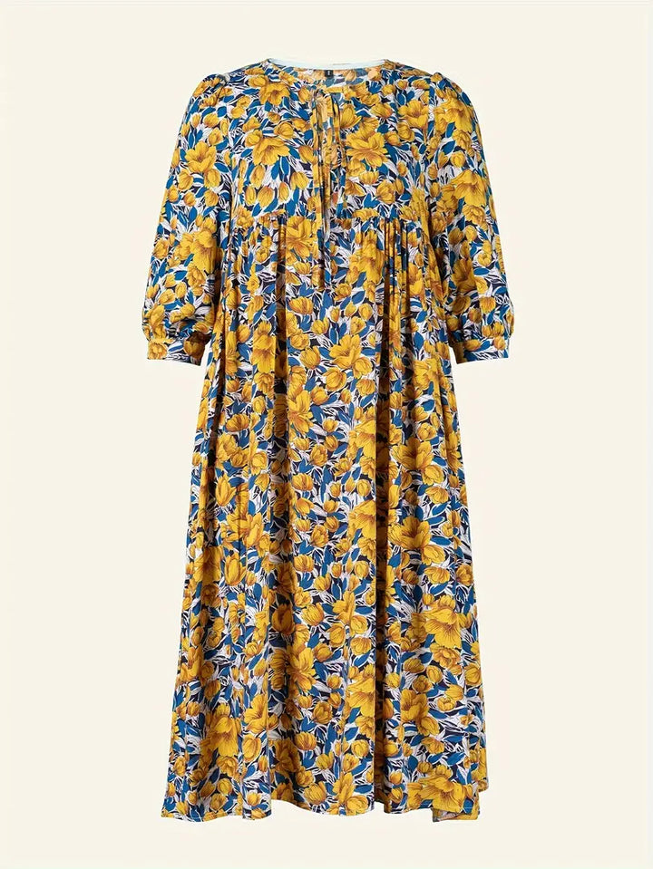 Levoire | Robe Maxi Boho Décontractée Avec Noeuds Décolleté En V Et Manches Courtes Jaune + Bleu