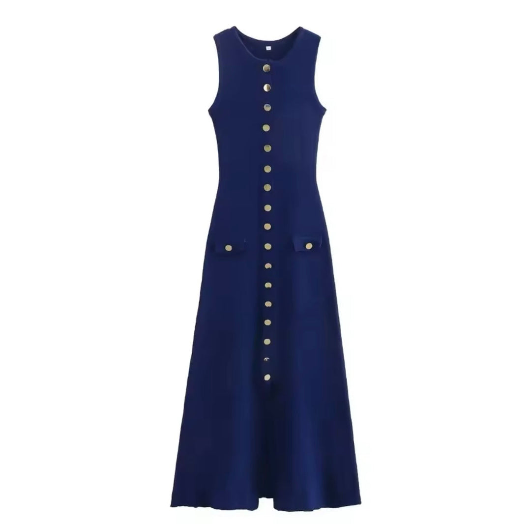 Levoire | Robe Élégante Avec Détails En Bouton Bleu