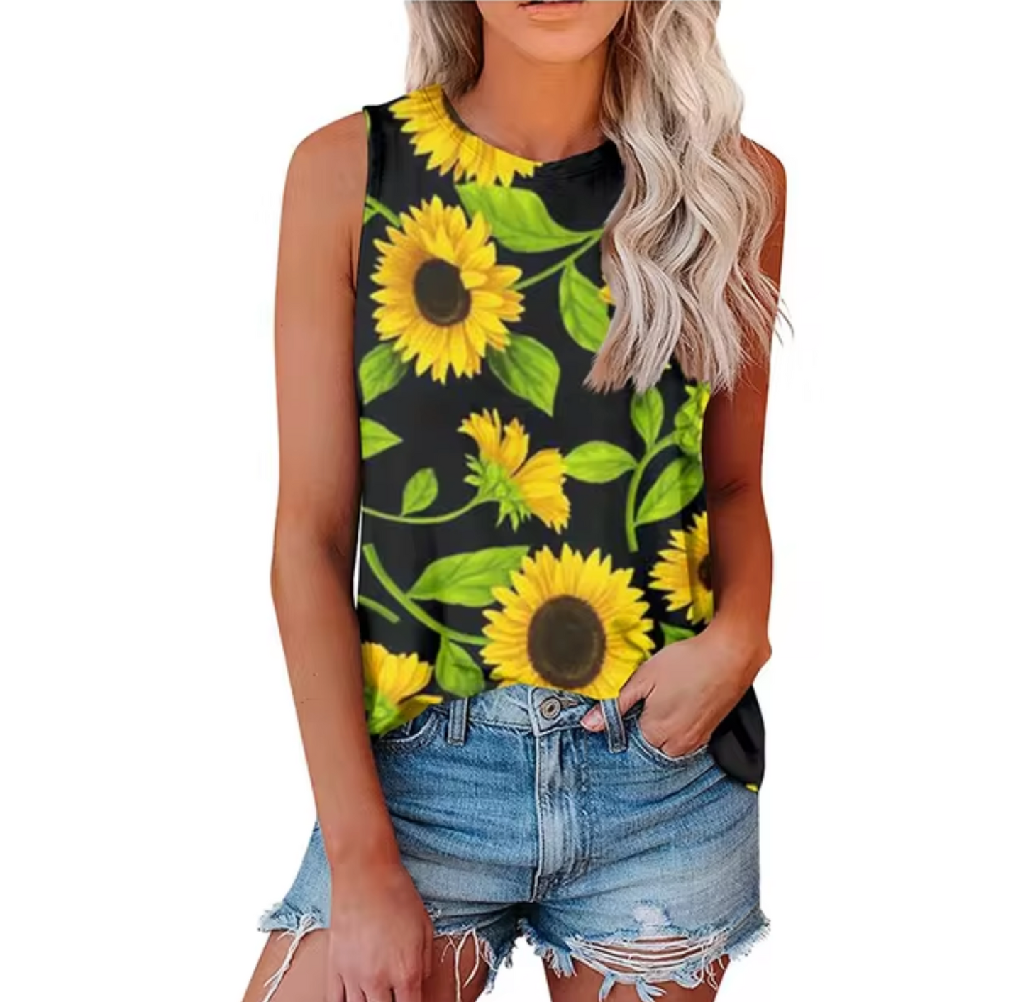 Levoire | T-Shirt Sans Manches Avec Motif De Tournesols Noir Vert