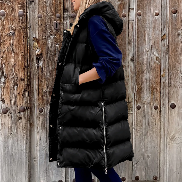 Levoire | Gilet Long Tendance Rembourré Pour Femmes Avec Capuche Pour Le Printemps Noir