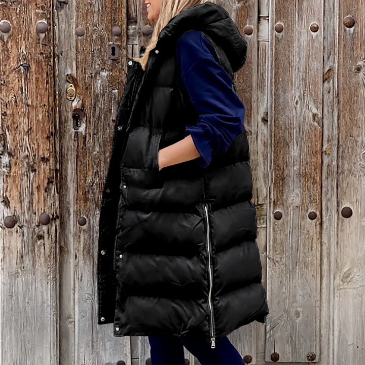 Levoire | Gilet Long Tendance Rembourré Pour Femmes Avec Capuche Pour Le Printemps Noir