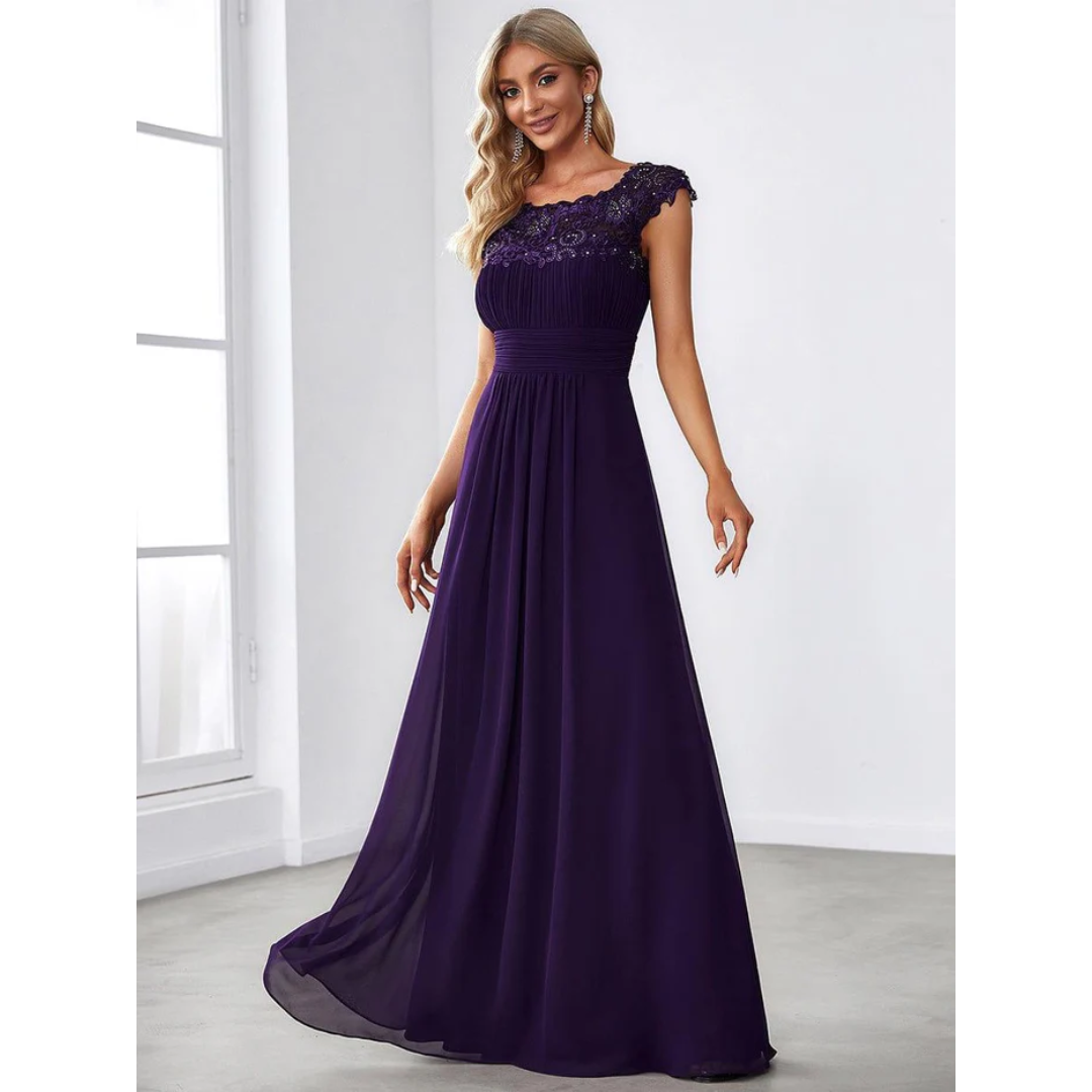 Levoire | Robe D'Invité De Mariage Élégante À Manches Courtes - Maxi Violet Foncé