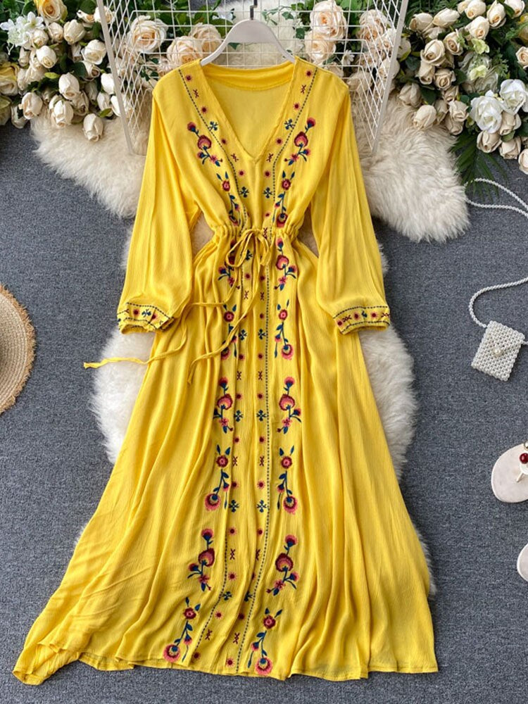 Levoire | Robe Longue À Col En V Brodée Une taille Jaune 2