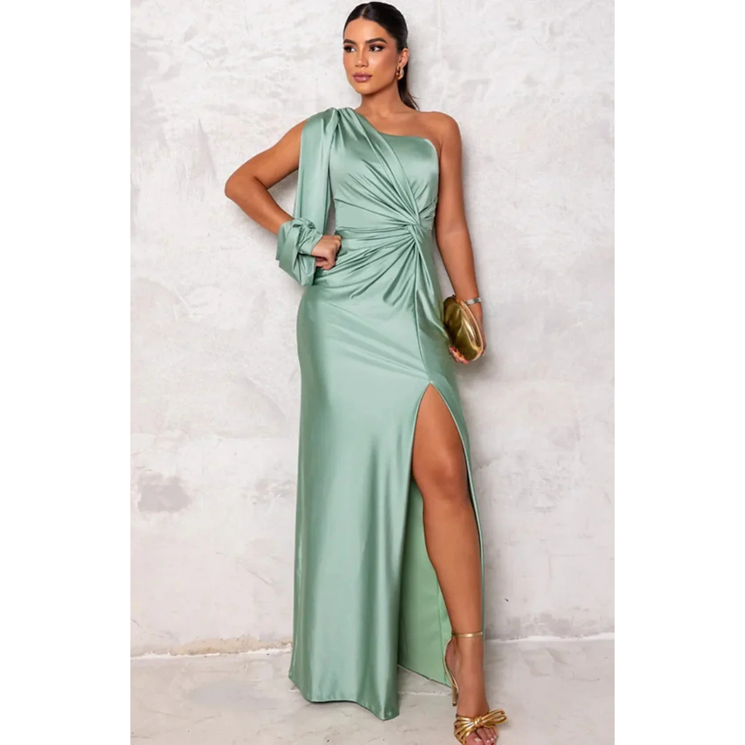 Levoire | Robe D'Invité De Mariage Pour Femme À Épaules Simples Et Manches Drapées - Maxi Vert Clair