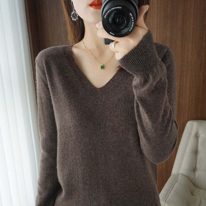 Levoire | Pull Chaud Pour Femmes - Col en V Brun