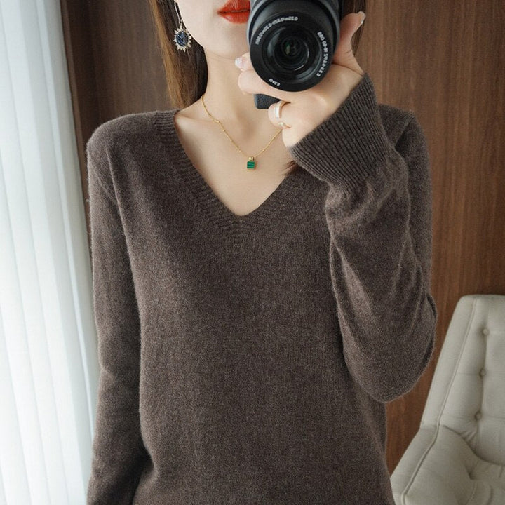Levoire | Pull Chaud Pour Femmes - Col en V Brun