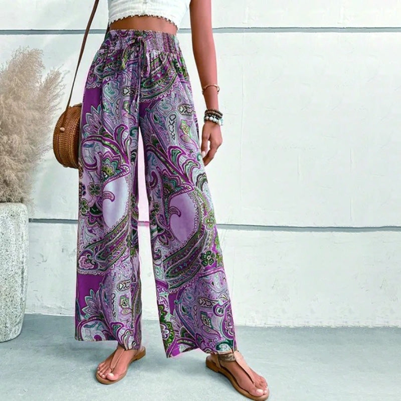 Levoire | Boho Pantalons D'Été Taille Haute Imprimées Lila