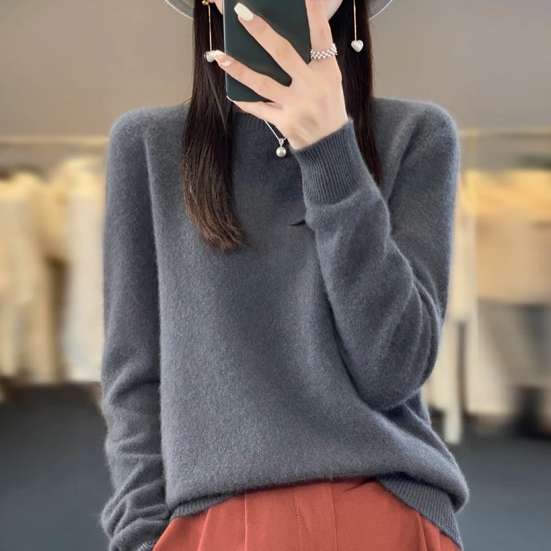 Levoire | Pull en cachemire Femme Élégant Col Rond, Doux & Confortable Gris foncé