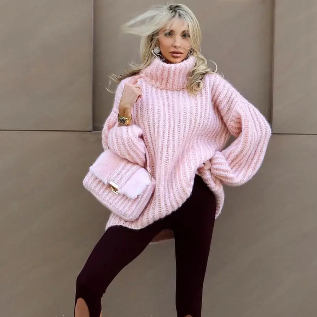 Levoire | Pull Col Roulé pour Femmes Tricoté Lourd Pull Long Confortable Pull Col Roulé pour Femmes Rosa