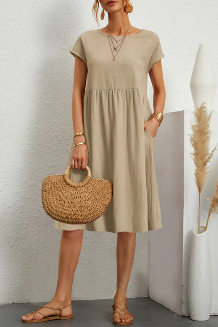 Levoire | Robe décontractée à manches courtes et col rond en patchwork uni Kaki