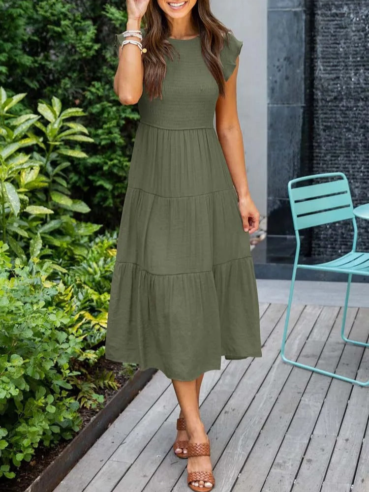 Levoire | Robe midi d'été pour femmes Robe élégante pour femmes avec manches courtes Vert foncé