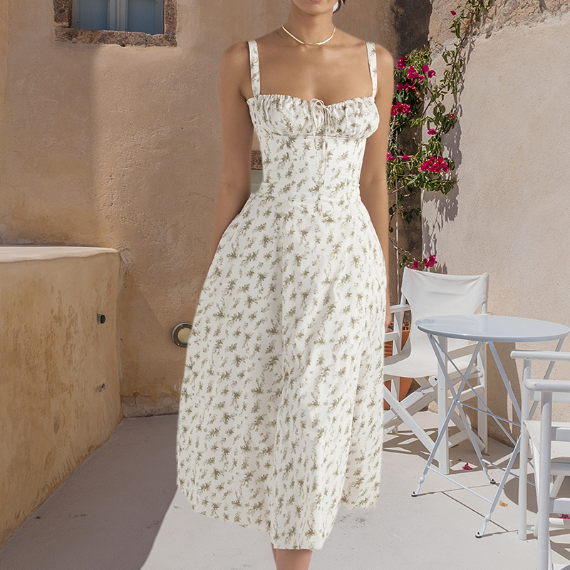 Levoire | Robe d'Été Avec Détails Corset Fleurs vertes