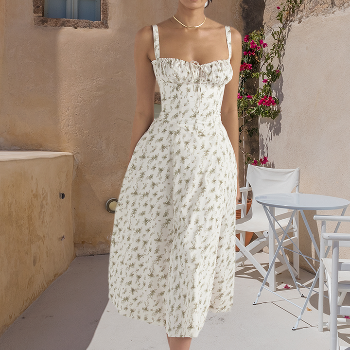 Levoire | Robe d'Été Avec Détails Corset Fleurs vertes