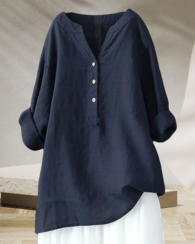 Levoire | Blouse À Manches Longues Dans Une Couleur Unie Et Un Encolure En V Bleu Foncé