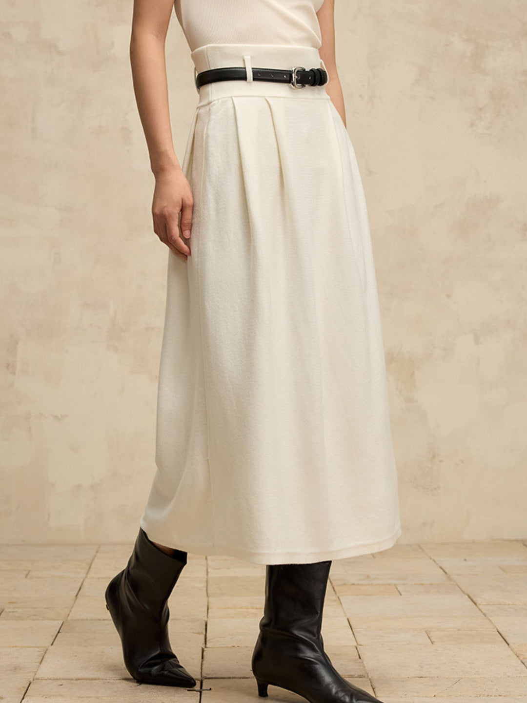 Jupe Taille Haute en Mélange de Laine avec Ceinture