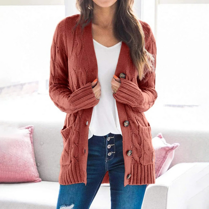 Levoire | Cardigan pour femmes avec motif en cable, boutons et poches Rot