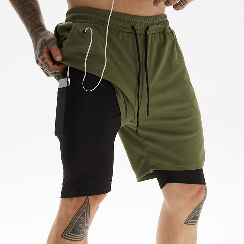 Levoire | Double couche short de course Incl. poche pour téléphone & fente Vert