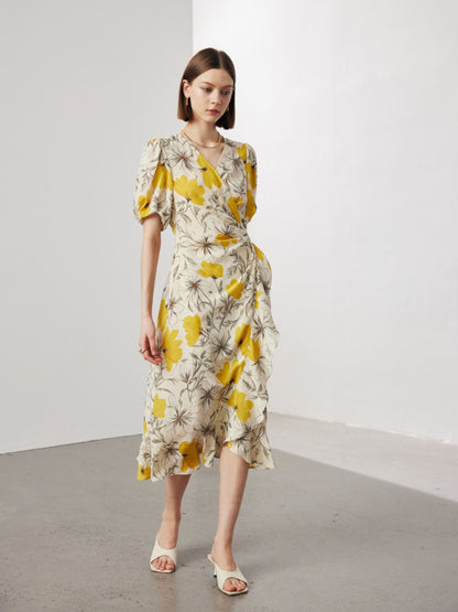 Robe Portefeuille en Soie Fleurie