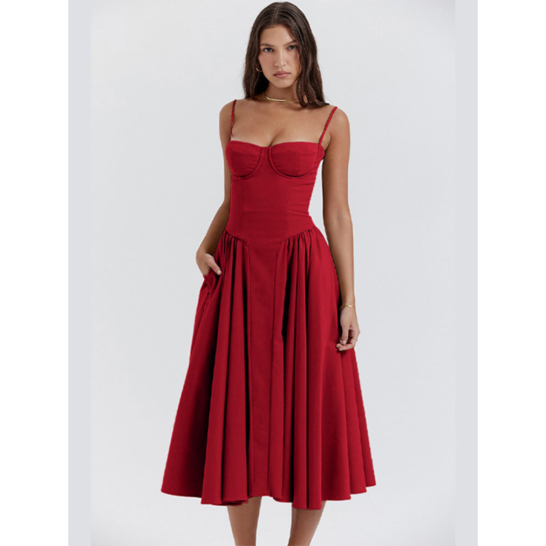 Levoire | Robe D'Invite De Mariage D'Été Plissée À Bretelles Spaghetti - Maxi Rouge