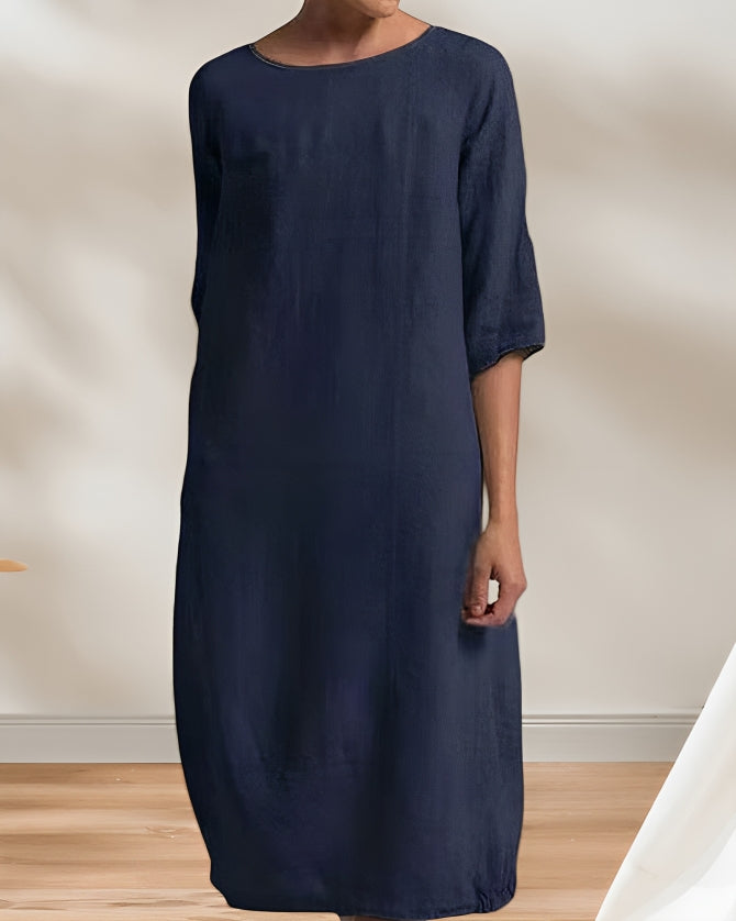 Levoire | Robe Midi Simple En Lin Décontracté Pour Femmes Bleu marine