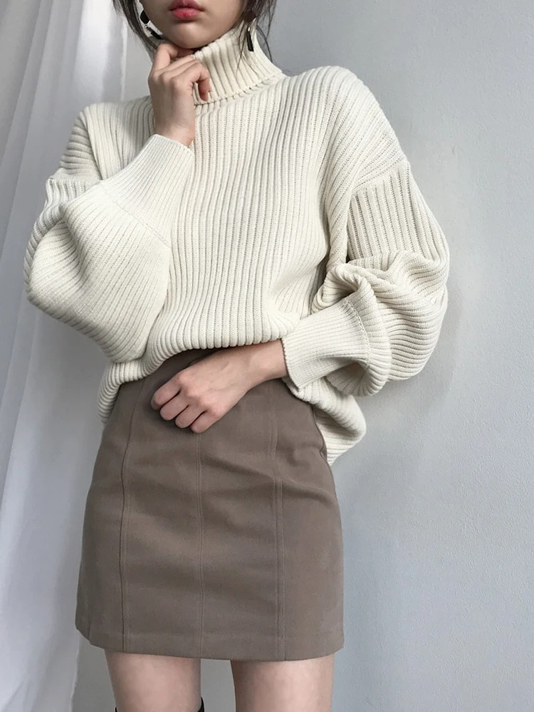 Levoire | Pull femme à col montant, pull oversized à côtes, chaud et élégant Blanc