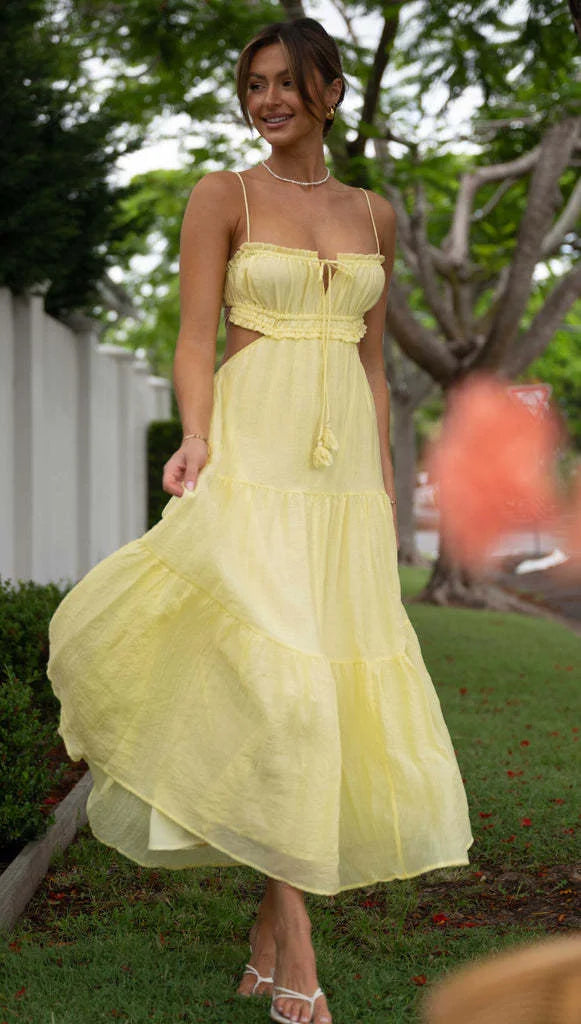 Levoire | Robe longue sans manches pour femme avec coutures et volants Jaune