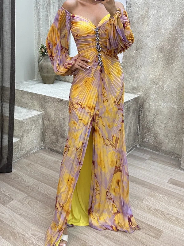 Levoire | Élégante Robe Plissée Décontractée À Manches Longues Jaune