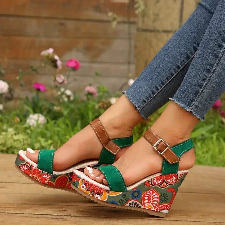 Levoire | Sandales Compensées Avec Motif Floral Pour Femmes Design Vert
