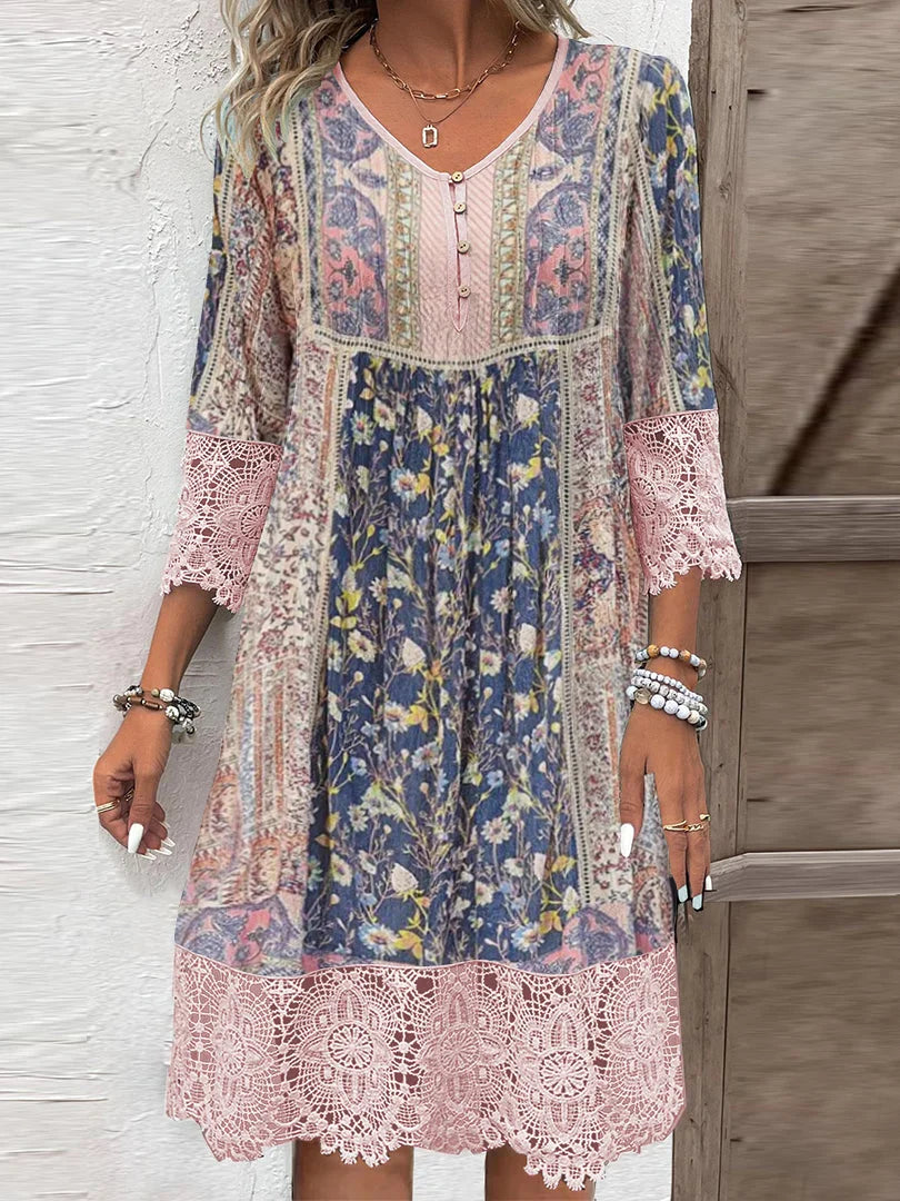 Levoire | Robe Avec Impression Vintage Et Dentelle Rosa