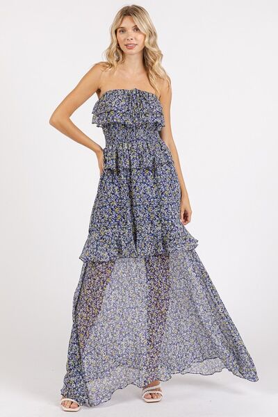Levoire | Robe Maxi À Bretelles Avec Volants Imprimé Floral Bleu marine foncé