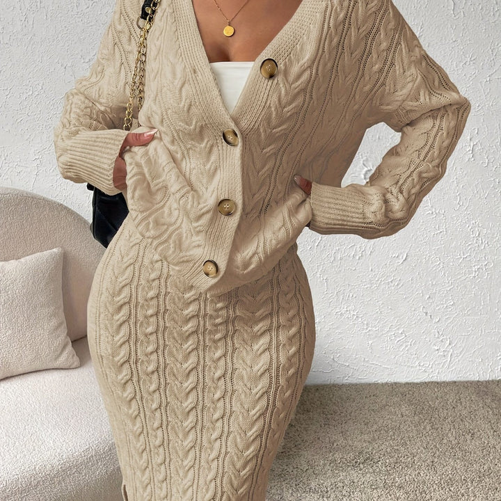 Levoire | Motif Tressé Jupe En Tricot, Élégant, Décolleté Boutonné À L'Avant, Épaules Tombantes, Cardigan À Manches Longues Et Jupe Fendue, Taille Haute, Étroite, Tenues Pour Femmes Couleur khaki