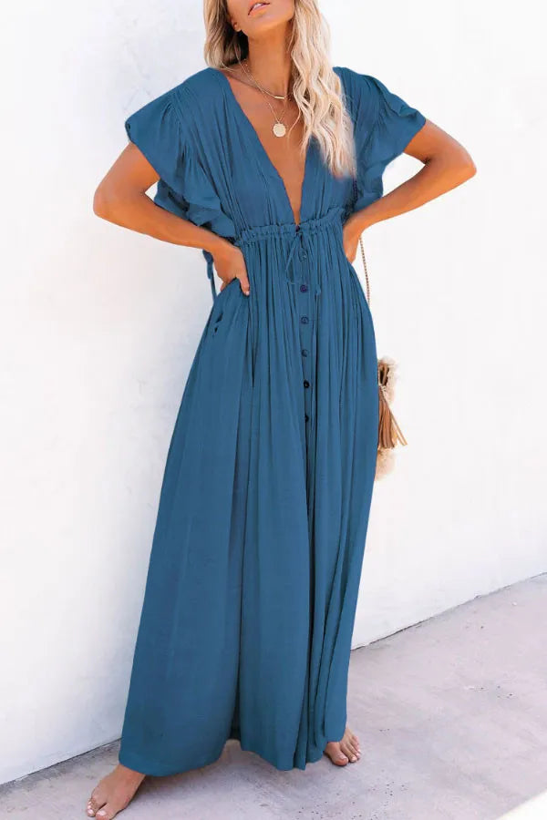 Levoire | Fairy Air Robe à encolure en V et à manches volantées Bleu foncé Taille unique