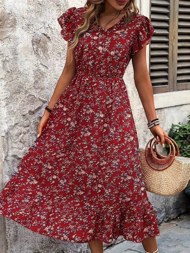 Levoire | Robe Florale Avec Décolleté En V Et Élégantes Manches À Volants Rot