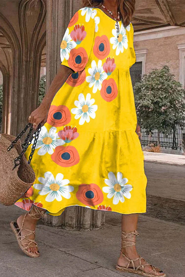Levoire | Robes avec jupe pastel et col rond à l'imprimé décontracté Jaune
