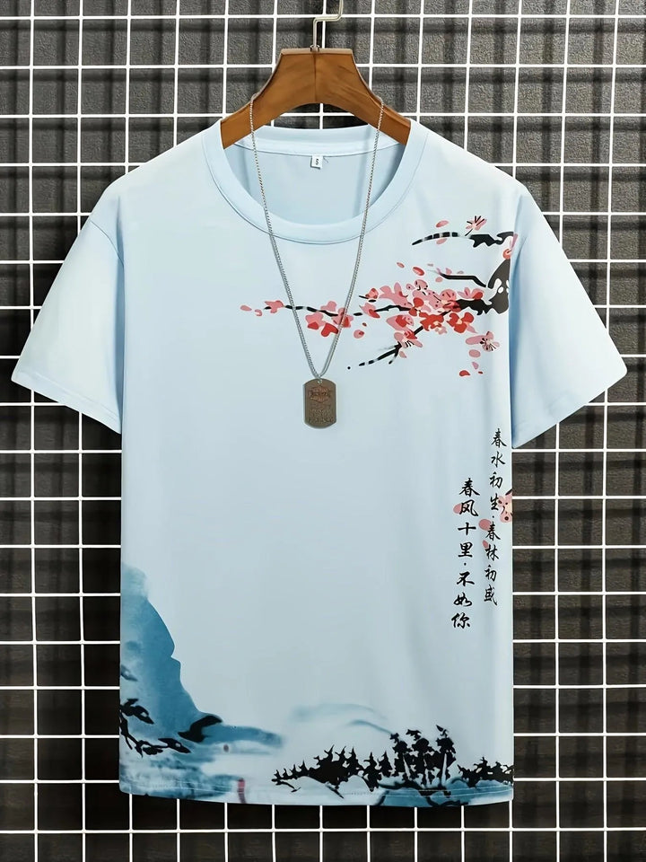 Levoire | T-Shirt Homme Design Fleurs Et Vagues Bleu
