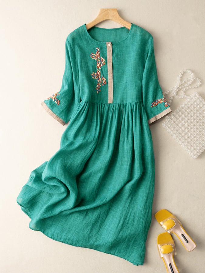 Levoire | Robe Brodée En Coton Et Lin Vert
