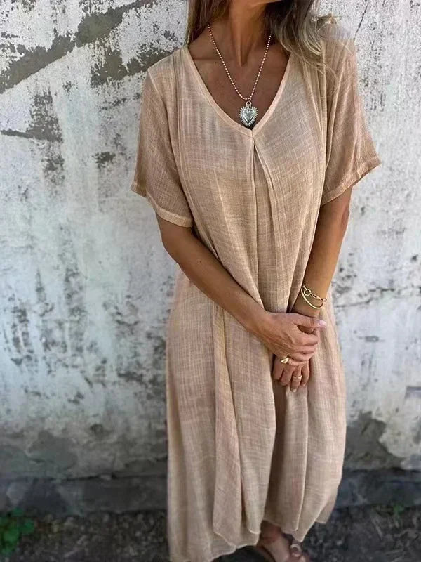 Levoire | Robe midi en coton et lin à encolure en V Abricot