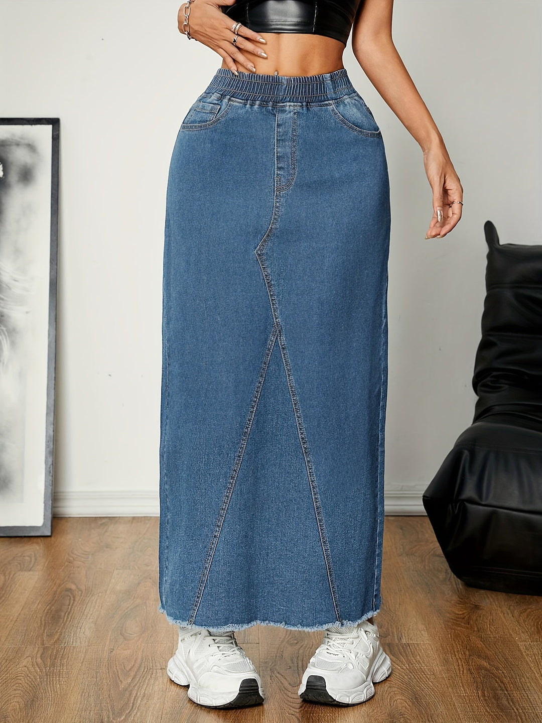 Levoire | Couleur Unie Bleu Lavé Jupe Maxi En Denim Streetwear Non bleu