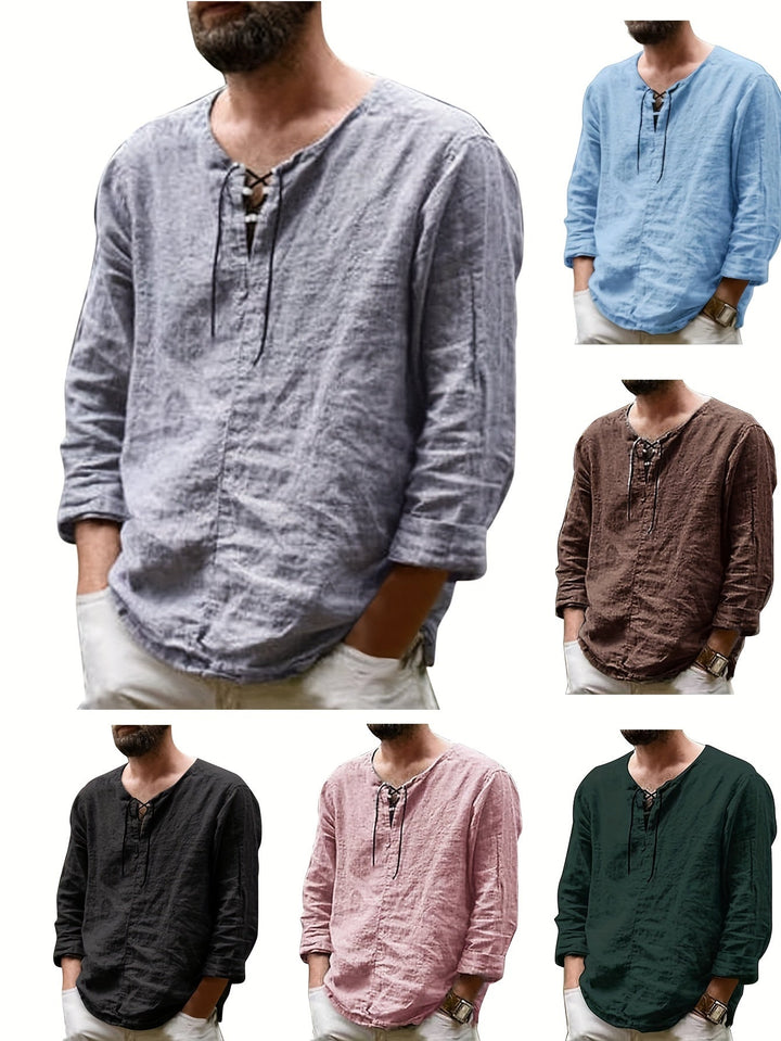 Levoire | T-Shirt Henley À Manches Longues En Mélange Coton-Lin Printemps/Automne
