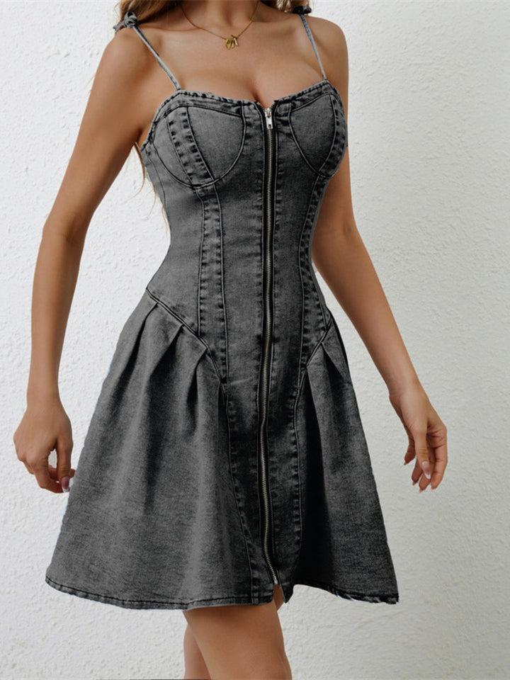Levoire | Robe En Denim À Bretelles Spaghetti Avec Fermeture Éclair Froncée Noir