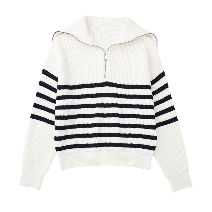 Levoire | Pull À Col Zippe Quart Blanc avec des rayures noires