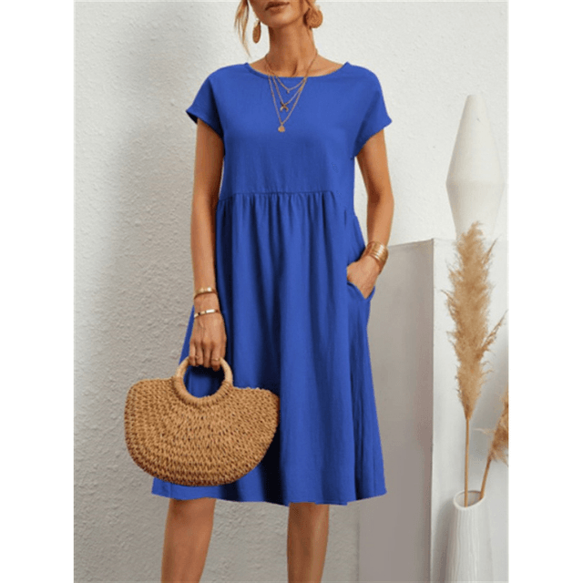 Levoire | Coton Lin Robe Midi À Manches Courtes Bleu