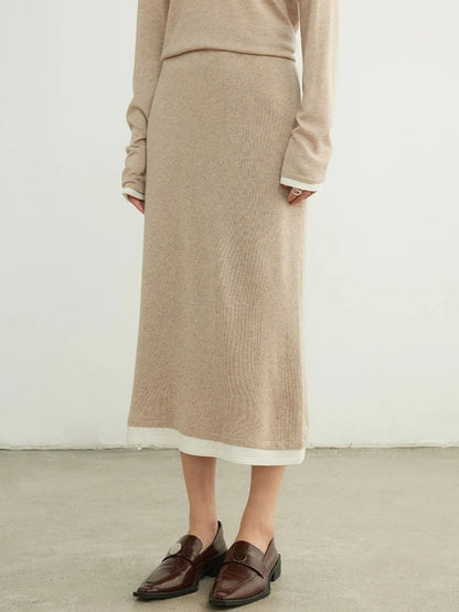 Jupe en Maille Mi-Mollet avec Détail de Bordure Patchwork - draft Kaki