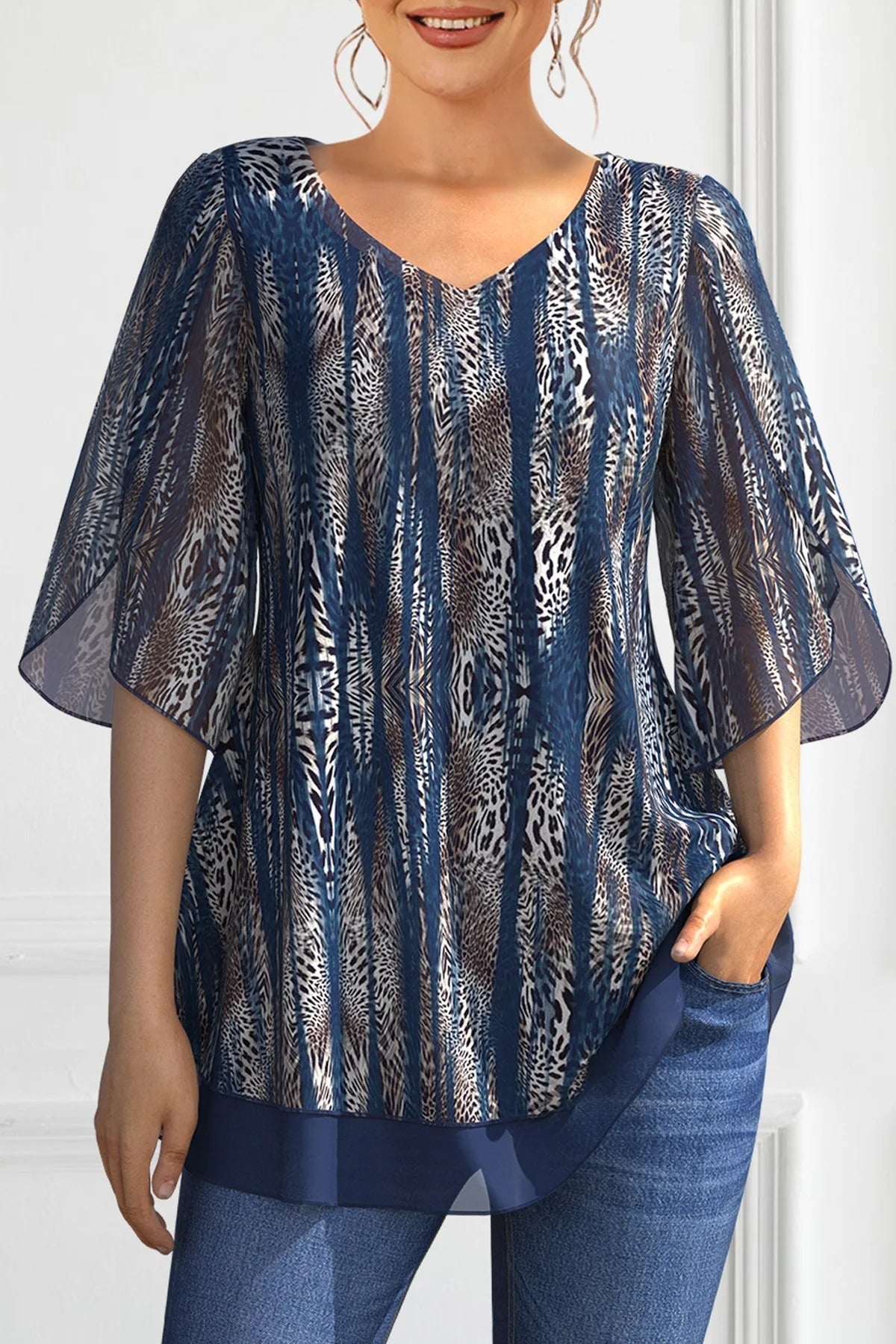 Levoire | Élégante Blouse En Chiffon Avec Imprimé Animal Bleu