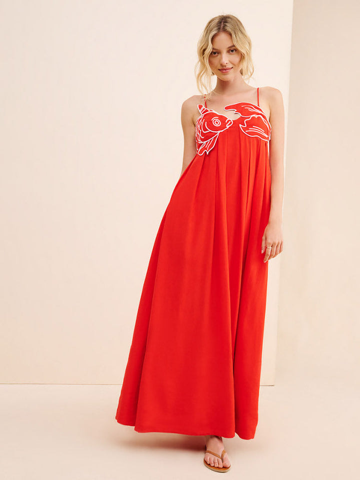 Levoire | Maxi Robe En Mélange De Lin Avec Broderie De Poisson