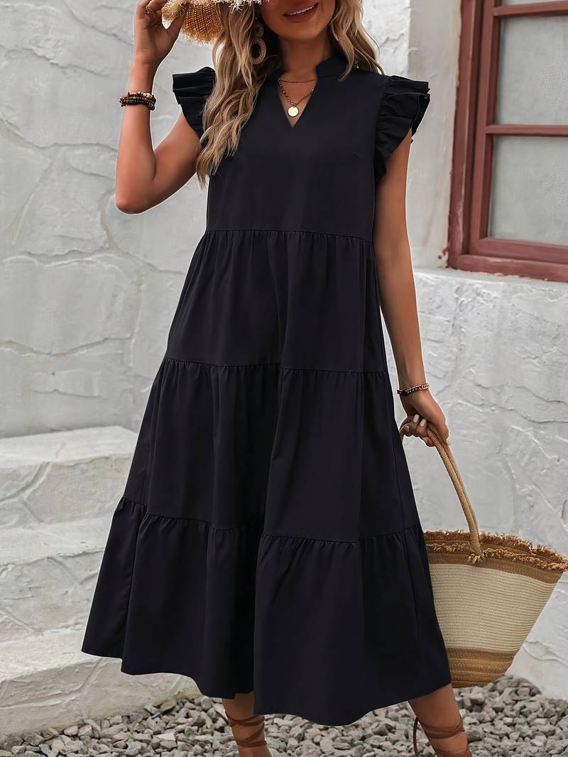 Levoire | Robe Élégante À Manches Volantées Pour Le Printemps Et L'Été Noir