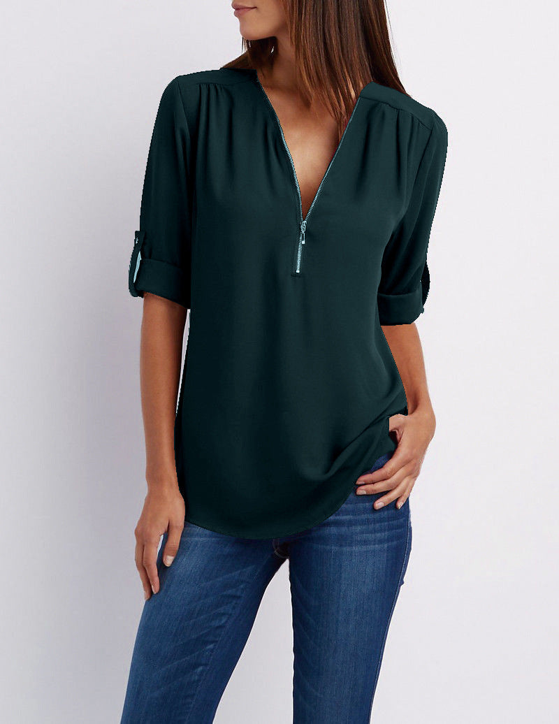 Levoire | Halber Reiverschluss Bluse Vert foncé