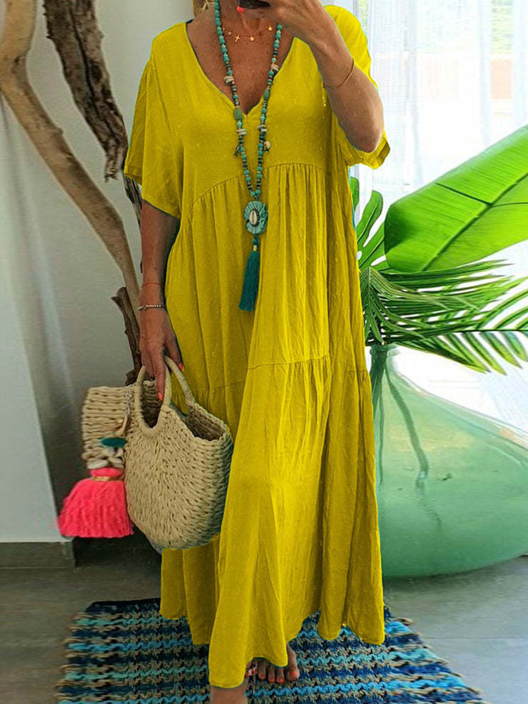 Levoire | Robe longue décontractée à manches courtes pour femmes Jaune