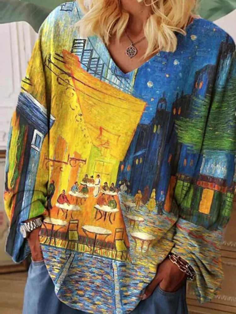 Levoire | T-shirt à col en V Van Gogh Art, coupe ample Jaune