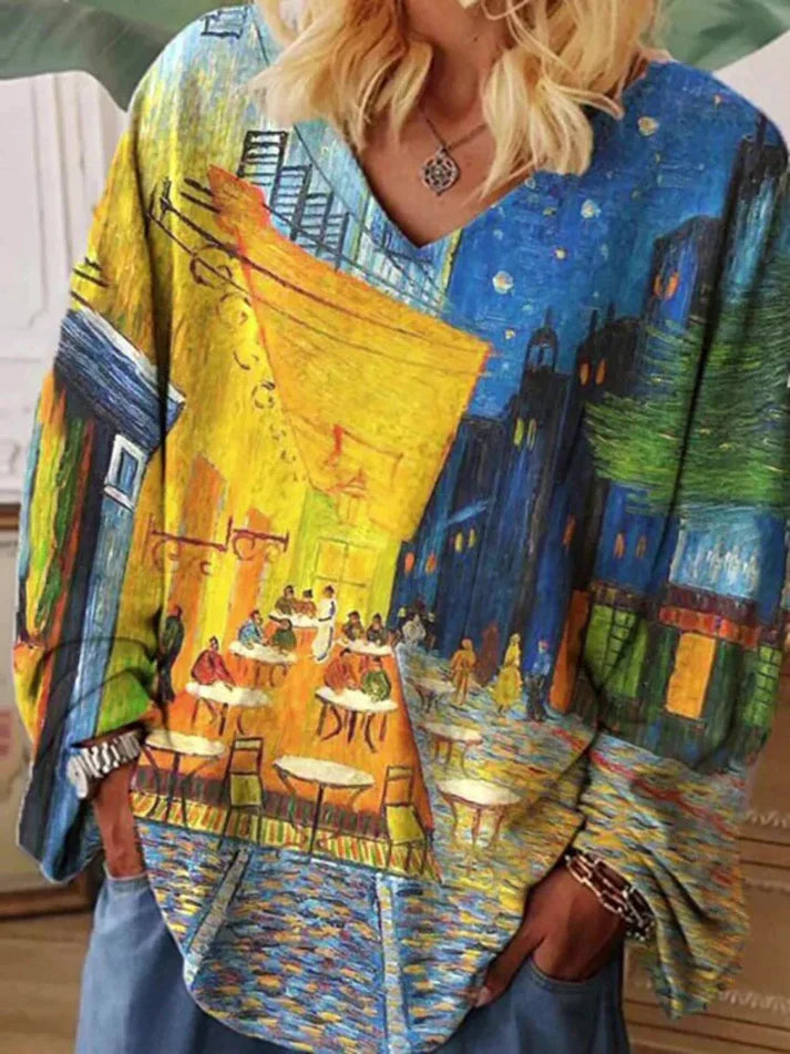 Levoire | Gogh Art T-Shirt À Col En V, Coupe Décontractée Jaune